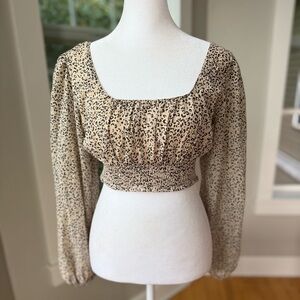 Japna Tan Black Leopard Print Long Sleeve Sheer Square Neck Cropped Blouse Sz M